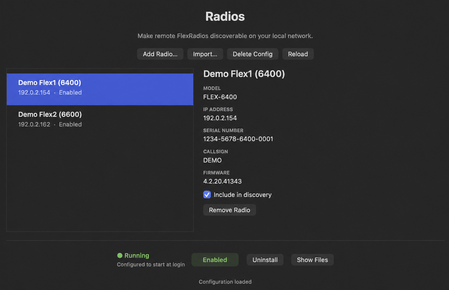 SmartUnlinkPro in dark mode, showing two example FlexRadios and discovery service controls.